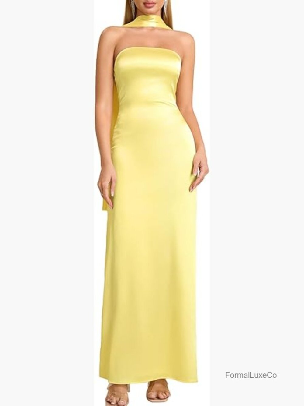 Satin Strapless Tube Maxi Dress with Detachable Scarf